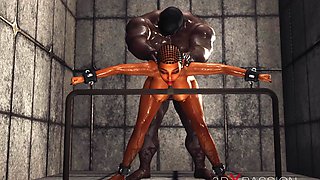 Hot ebony with many boobs in restrains is ready for intense anal sex