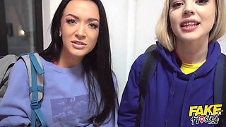 Faux hostel - lesbians examination in at the hostel and get a taste of their first boner in joy 3some