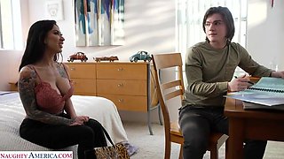 Busty tattooed hottie Lily Lane wears lingerie to seduce boyfriend's son