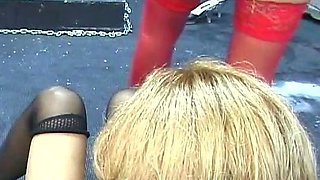 Stockinged strapon femdom fetish babe sucks on dick in hd