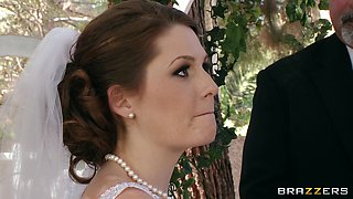 Busty bride Allison Moore enjoys a gangbang indoors