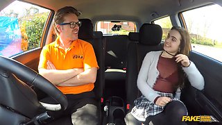 Fake driving school - nineteen year senior dark haired learner entices instructor in car xxx romp