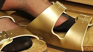 Golden Mules & Black Nylons - Sensual Shoe Removal