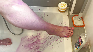 chubby bbw washes feet huge natural tits pussy and bum in the shower while you watch her soapy body and tattoos