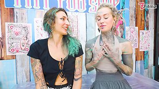 Inked bitches double fellatio then rectal screw tattoo session ends with sperm adorning fresh leg ink