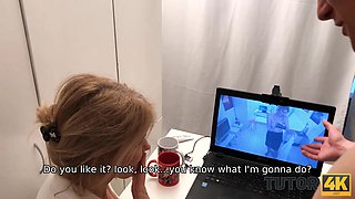 TUTOR4K. Sexy blonde literature teacher banged by a stud on the desk