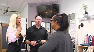 Risky fuck with a tanned blonde MILF Bridgette B in the barber shop