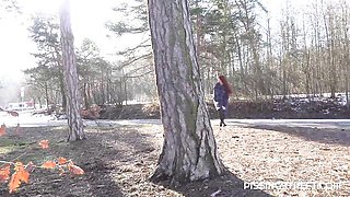 Gorgeous redhead model in black boots Katy Rose pee in the pak