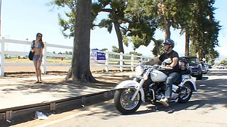 Brunette Kristine in a revealing bikini gets wild with her guy under the sun