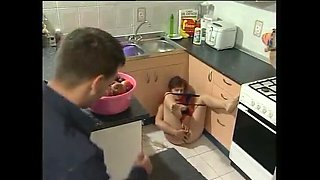 Hairy mature MILF gets plowed in the kitchen