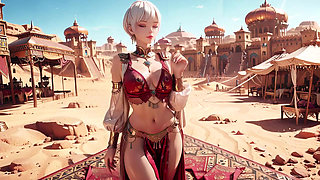Desert Fantasy! Silver-haired Saintess's Private Dance in the Red-Gold Palace, light ribbons wrapping around her.