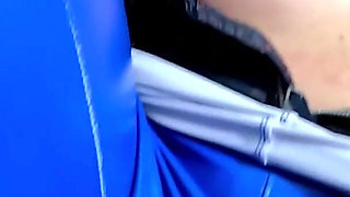 Blue Leather Cameltoe & Downjacket Fetish Sloppy Oral, Spit Play & Cum on Clothes
