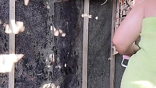 Chubby Girl Soaps Her Big Wet Tits Next to His Huge Cock in Outdoor Shower