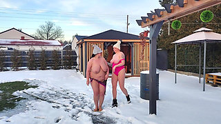 Swingers. Two Married Couples Play in the Snow Naked. the Women Pee in the Snow and the Men Lick It off.