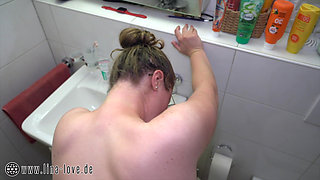 Family Quickie in the Bathroom, Stepbrother Also Wants to Fuck Her and Cum All Over Her Tits.
