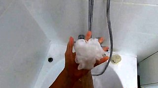 Big-Ass Black Teen's Solo Shower Footjob on Webcam