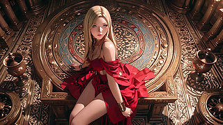 Blonde Queen in Red! Sitting by the fountain, adjusting her slit dress... Eyes locked on you.