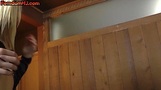 Blond hair babe femme gives handjob to lucky guy