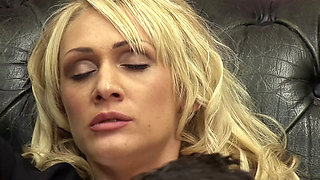 Blonde Secretary in White Lace Stockings Fucks Her Boss on the Leather Sofa
