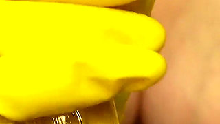 Indian Pregnant Stepsister in Yellow Gloves Plays with a Dildo and Talks Dirty