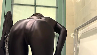 Strip From Сatsuit and Pee in the Cafe's Toilet
