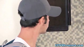 Busty femdom milfs flashing tits for dude