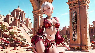 Desert Fantasy! Silver-haired Saintess's Private Dance in the Red-gold Palace, Light Ribbons Wrapping Around Her.