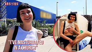 Black haired Delfine flashes her hairy pussy and plays in a store aisle