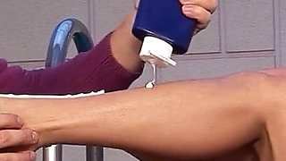 Sexy blonde skinny teen Jasmine giving footjob to stepbrother