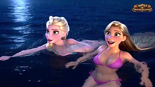 Rapunzel and Elsa Stranded on an Island: Lesbian Cartoon Fuck