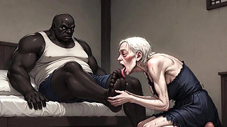 90 Year Old Granny Slave Licking Giant Black Man Feet - Wet Pussy Pleasure