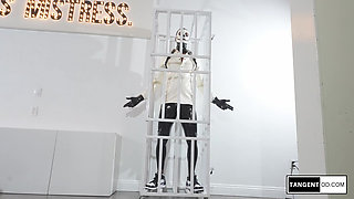 TANGENTOD.COM Glossy Black Latex Mistress Dominates Masked Submissive With Strapon