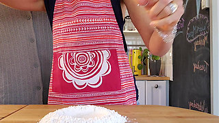 Hot wife with amazing natural tits gets her pussy filled while working in the kitchen.