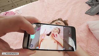 Young, petite stepsister Carmen Rae receives a large ejaculation.