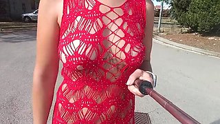 Polish girl flashes huge natural tits and pussy in lace dress outdoor public
