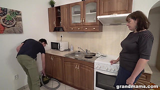 Plumpy bossy granny enjoys 69 with a young cock