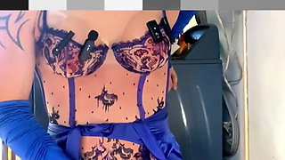 Cute Femboy in High Heels Very Sexy Blue Stocking Lingerie Showing His Panties Outside