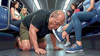Shoe Pervert Licks Women's Shoes on a Crowded Bus