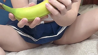 College Girl Hana Ride Banana Fruit Then Fuck That Big One in Her Tiny Pussy Hole
