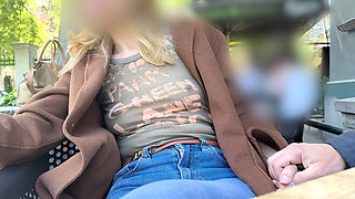 Teasing my husband in a sheer shirt exposing big pierced nipples in oudoor coffee place