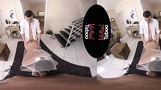 Sexy dark-haired bride gives her husband and father a