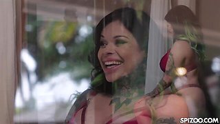 Tattooed Xwife Karen is eager to ride a huge dick in lingerie