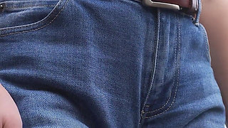 MILF Teasing Her Big Cameltoe in Blue Jeans Outdoors