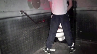 Sneaker humiliation in public toilet