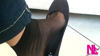 Dangling in Black Flats and Black Nylon Socks