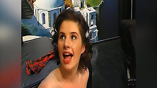 Brunette Slut Sucks Cocks and Gets Face Covered in Cum