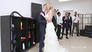 Blonde Bride in Stockings Takes Brutal Anal Gangbang and
