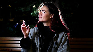 Sexy Russian Beauty Smoking Cigarette by Seaside