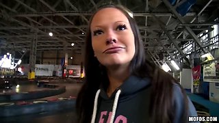 Steve Q. Picks Up Sexy Brunette Laura Brook for Public Nudity at the Go-Kart Track Where She Strips