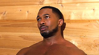 Tattoed slim guy rides BLACK MONSTER in sauna